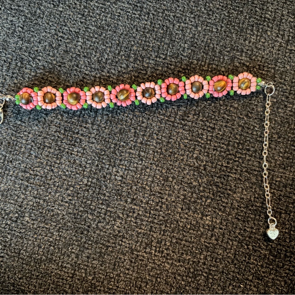 Floral Beaded Bracelet - Pink and Brown